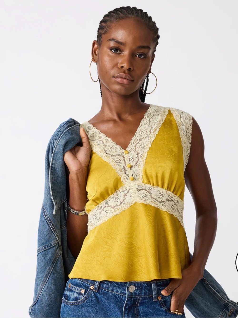 Steve Madden Mustard Yellow Peplum Blouse Lace Trim Feminine NWT S V Neck Elinor